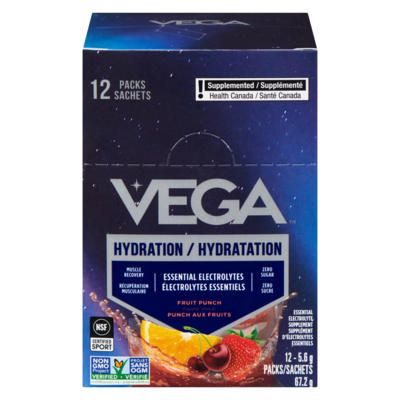 Vega Supplément d'électrolytes essentiels arôme de punch aux fruits 12x5.6 g, 0,57 $/100g