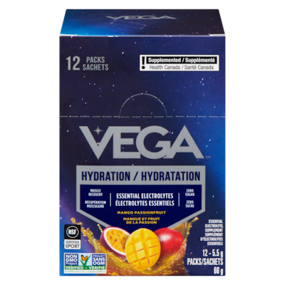 Vega Essential Electrolyte Supplement Mango Passionfruit Flavoured 12x5.5 g, $0.58/100g