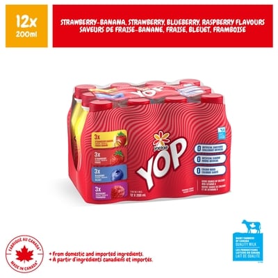 Yoplait YOP Drinkable Yogurt 1.5% M.F. Strawberry-Banana, Strawberry, Blueberry, Raspberry 12ct 12x200.0 ml, $0.54/100ml
