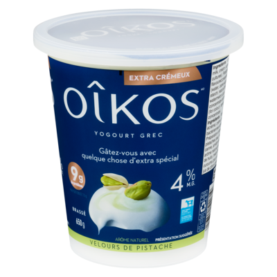Oikos Yogourt grec velours de pistache extra crèmeux 4% m.g. 650 g, 1,23 $/100g