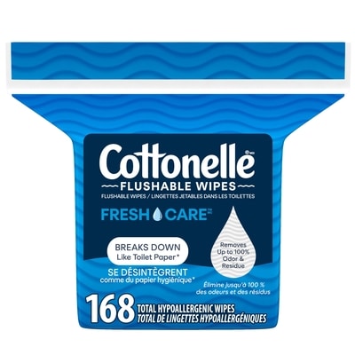 Cottonelle Lingettes humides jetables dans les toilettes Fresh Care, lingettes humides pour adultes, 1 pack de recharge, 168 lingettes au total 168 ea, 0,07 $/1ch