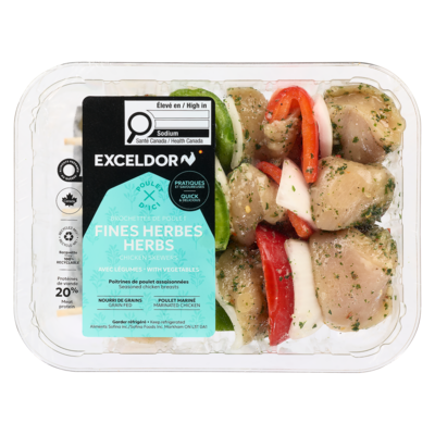 Exceldor Brochettes de poulet fines herbes avec légumes 450 g, 2,66 $/100g