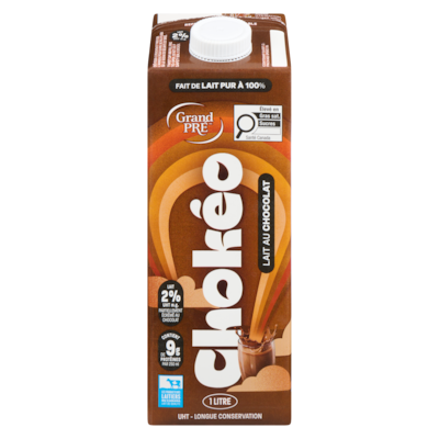 Grand Pré Lait 2% uht m.g. partiellement écrémé au chocolat 1 l, 0,40 $/100ml