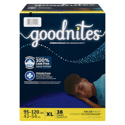 GoodNites Sous-vêtements de nuit garçons tailles 14-16 xl 43-54 kg format économique 38 ea, 1,76 $/1ch