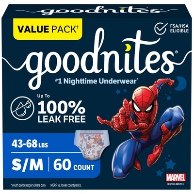 GoodNites Sous-vêtements de nuit garçons tailles 6-8 s/m 20-31 kg format économique 60 ea, 0,73 $/1ch