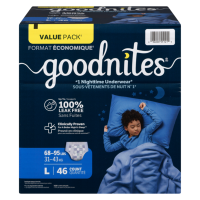 Goodnites Nighttime Underwear Boys Sizes 10-12 L 31-43 Kg Value Pack 46 ea, $0.96/1ea