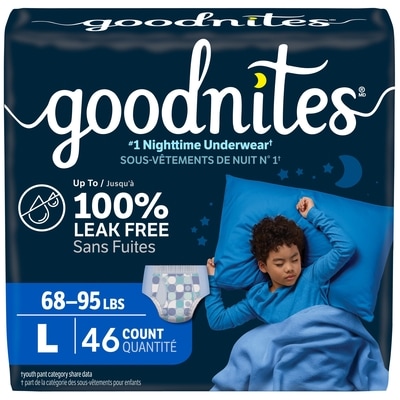 GoodNites Sous-vêtements de nuit garçons tailles 10-12 l 31-43 kg format économique 46 ea, 0,96 $/1ch