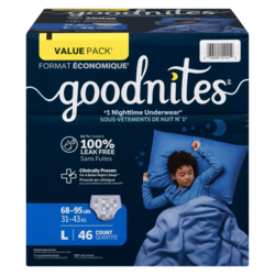 GoodNites Sous-vêtements de nuit garçons tailles 10-12 l 31-43 kg format économique 46 ea, 0,96 $/1ch