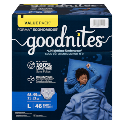 GoodNites Sous-vêtements de nuit garçons tailles 10-12 l 31-43 kg format économique 46 ea, 1,46 $/1ch