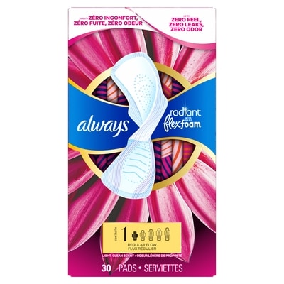 Always Serviettes Radiant avec FlexFoam, régulier, avec ailes, taille 1, parfumées, 30 serviettes 30 ea, 0,50 $/1ch
