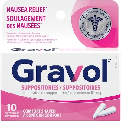 Gravol Suppositoires à contour confort 100 mg 10 ea, 0,90 $/1ch