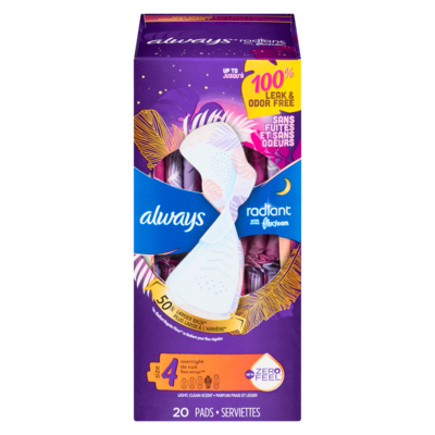 Always Radiant Flexfoam Pads For Women, Size 4, Overnight Absorbency With Wings, Scented, 20 Count 20 ea, $0.70/1ea