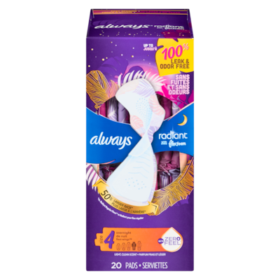 Always Serviettes radiant flexfoam, taille 4, de nuit, protection sans fuites ni odeurs à 100 %, avec ailes, parfumées, 20 su 20 ea, 0,75 $/1ch