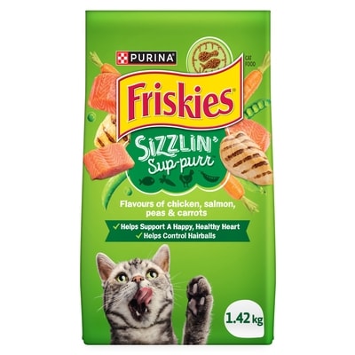 Purina Friskies Sizzlin’ Sup-purr Dry Cat Food 1.42 kg, $0.67/100g