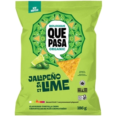 Que Pasa Croustilles de maïs aromatisées biologique jalapeño et lime 186 g, 3,17 $/100g
