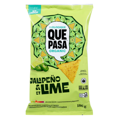 Que Pasa Croustilles de maïs aromatisées biologique jalapeño et lime 186 g, 3,17 $/100g