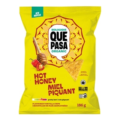 Que Pasa Flavoured Tortilla Chips Organic Hot Honey 186 g, $3.23/100g