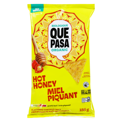 Que Pasa Croustilles de maïs aromatisées biologique miel piquant 186 g, 3,17 $/100g