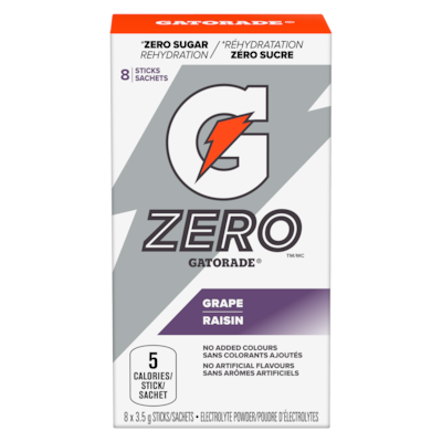 Gatorade Sachets de poudre d'électrolytes, raisin, zéro sucre, paquet de 8 8x3.5 g, 28,54 $/100g