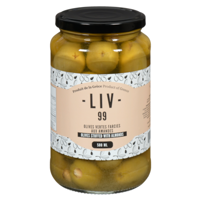 LIV99 Olives vertes farcies aux amandes 580 ml, 1,55 $/100ml