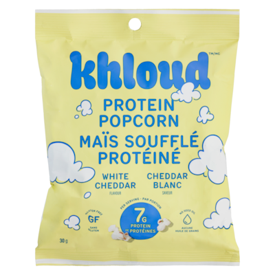 Khloud Maïs soufflé protéiné cheddar blanc saveur 30 g, 10,00 $/100g