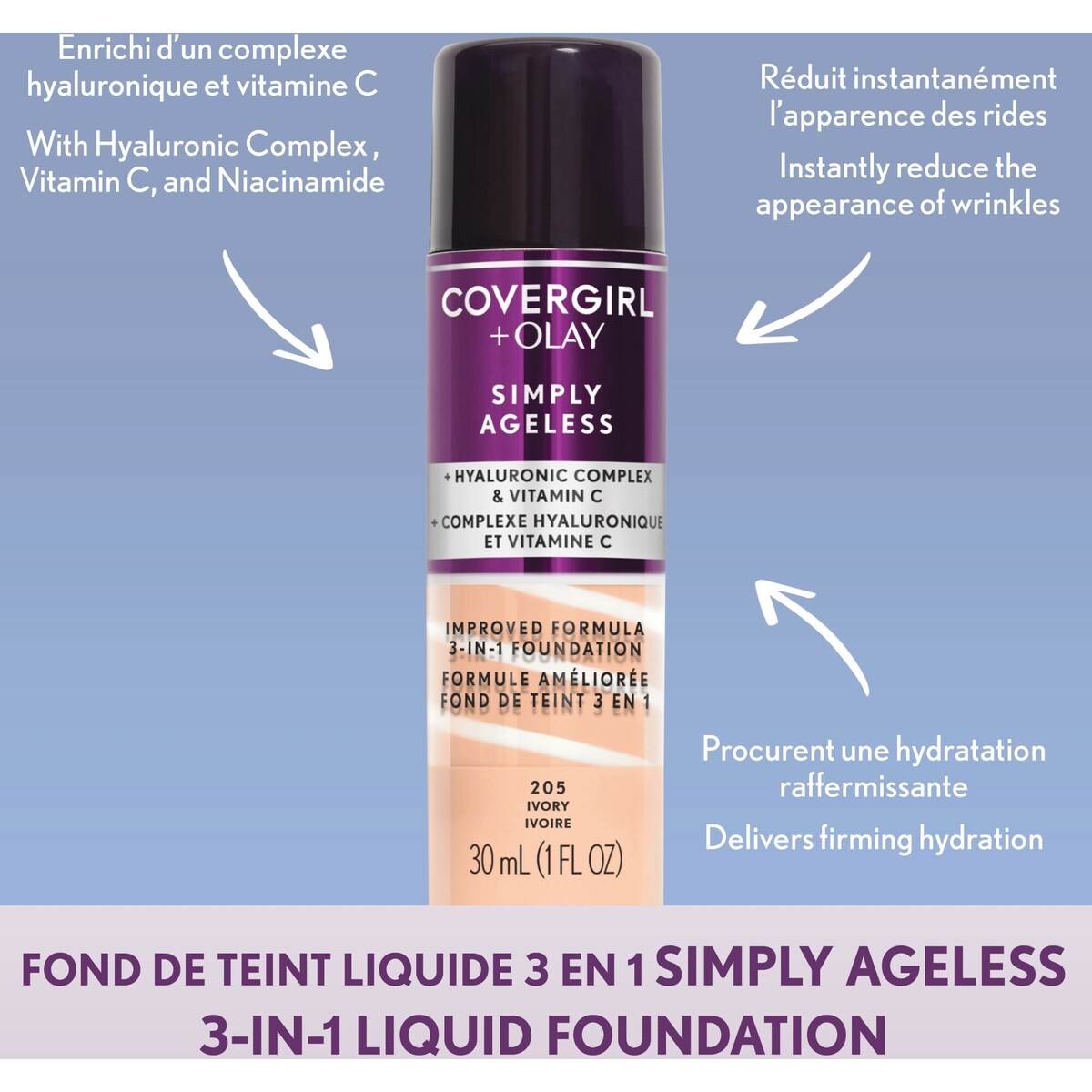 Fond de teint Liquide 3 en 1 Simply AGeless infusé complexe hyluronique, vitamine C et niacinamide -  formule hydratante, 100% Sans Cruauté