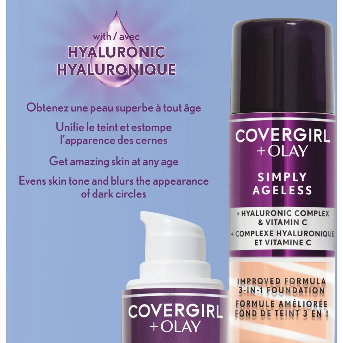 Fond de teint Liquide 3 en 1 Simply AGeless infusé complexe hyluronique, vitamine C et niacinamide -  formule hydratante, 100% Sans Cruauté