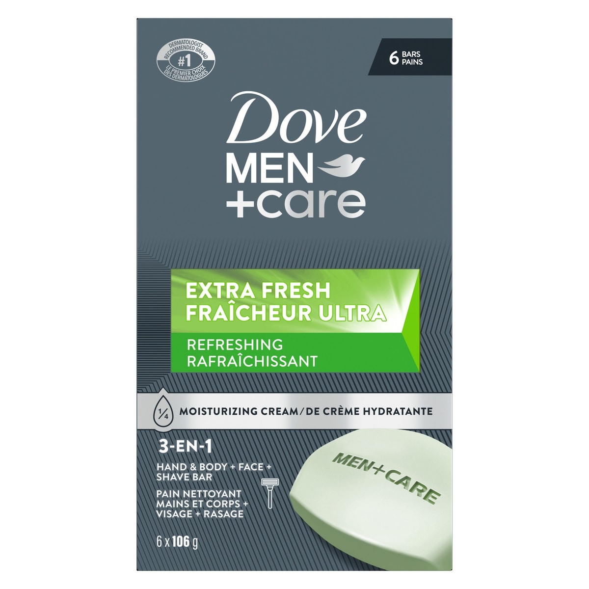 Dove Men+Care Body and Face Bar for Refreshed Skin Extra Fresh ¼ Moisturizing Cream 106 g 6 count