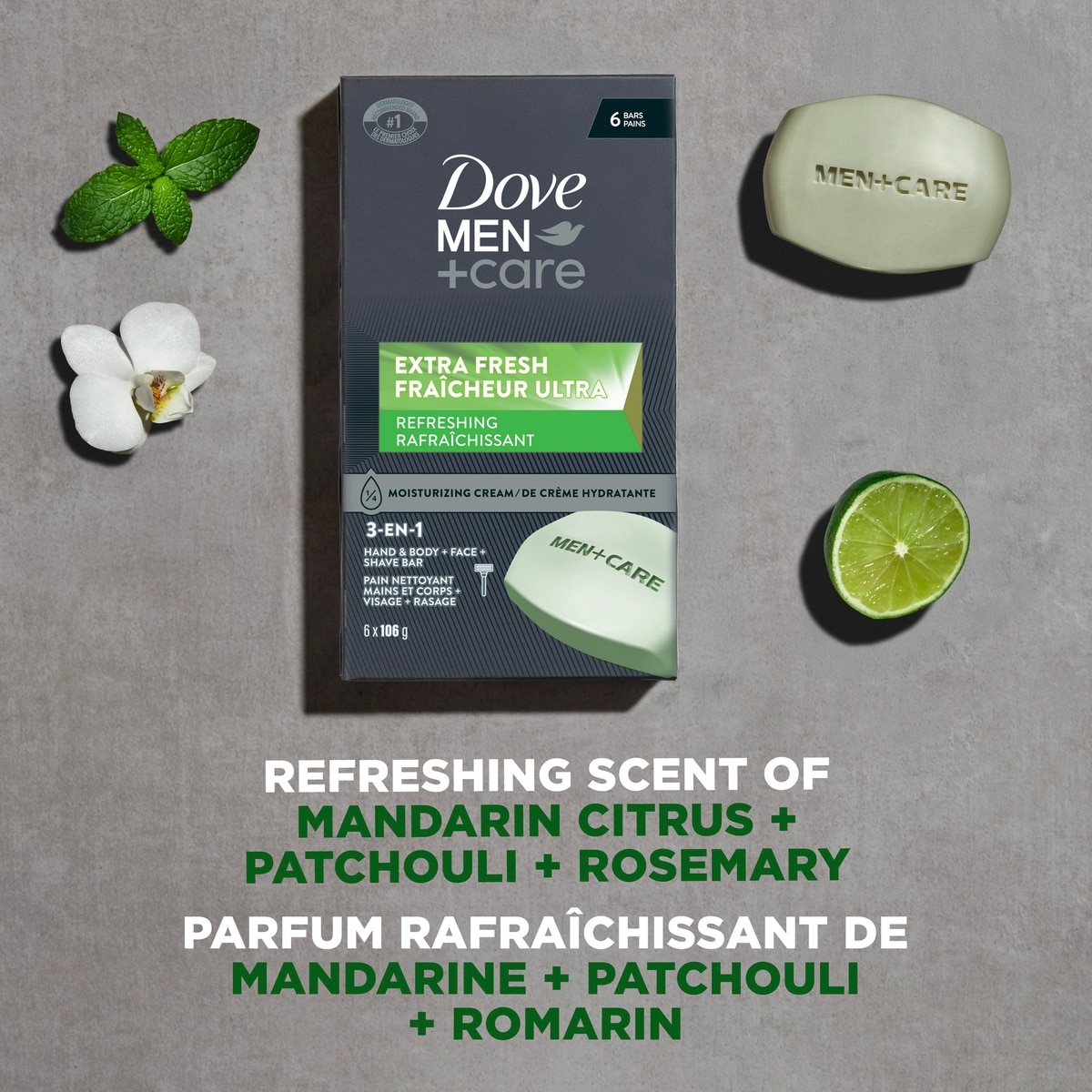 Dove Men+Care Body and Face Bar for Refreshed Skin Extra Fresh ¼ Moisturizing Cream 106 g 6 count