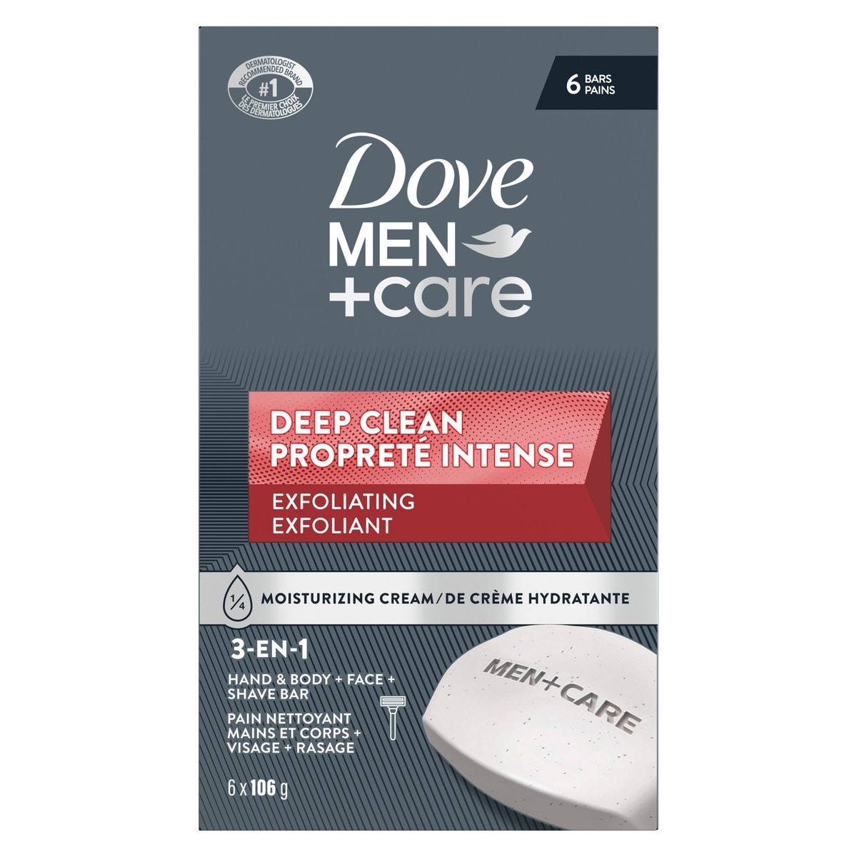 Pain Nettoyant Main, Corps, Visage et Exfoliation avec grains purifiants pour une peau forte et d'apparence saine Dove Men+Care  Deep Clean avec ¼ de crème hydratante 106 g Lot de 6