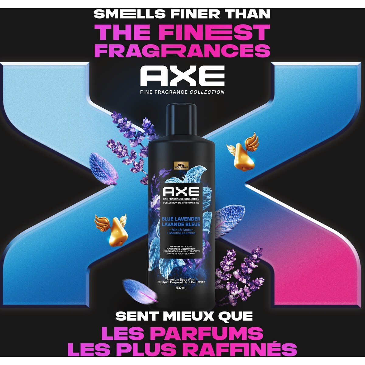 Gel Douche pour Hommes 12h de Senteur Rafraîchissante  AXE Collection de Parfums Fins  Lavande Bleue Infusé avec des Huiles Essentielles de Lavande, Menthe et Ambre, 532mL