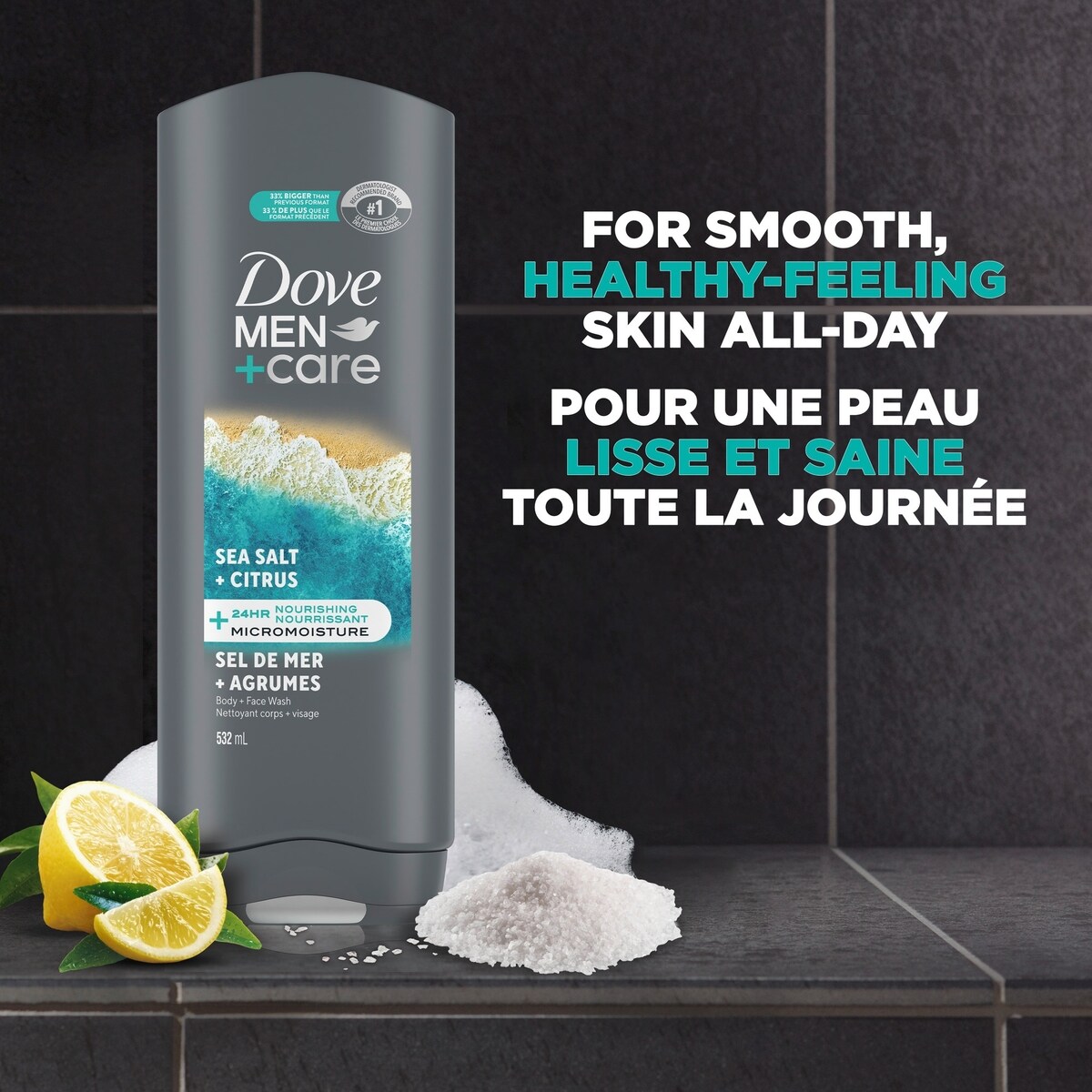 Gel douche et visage pour hommes Dove Men+Care  Exfoliant au sel de mer et aux agrumes avec technologie nourrissante Micromoisture de 24 heures, 532 ml
