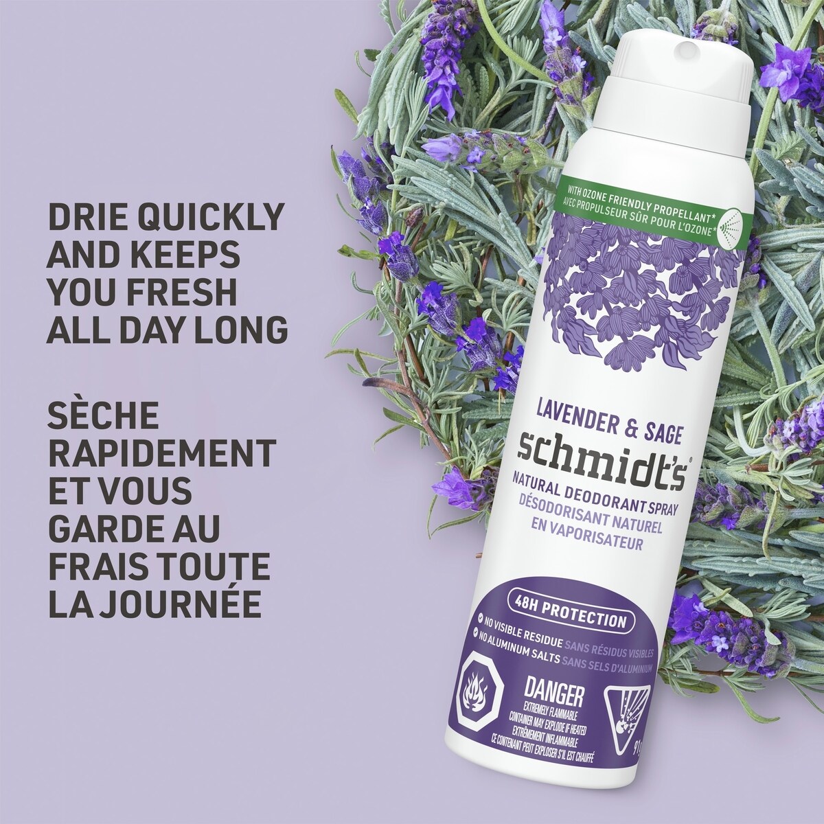 Désodorisant naturel en vaporisateur pour femmes et hommes Schmidt's  Lavender & Sage pour 48 h de protection anti-odeurs, sans sels d'aluminium, sans traces blanches, sans cruauté, végétalien 91 g