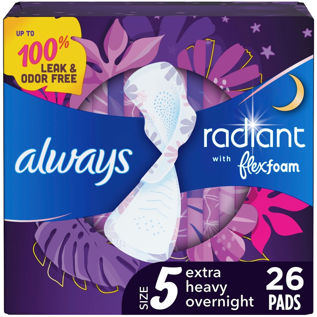 Always Radiant FlexFoam Pads for Women Size 5 Extra Heavy Overnight Absorbency with Wings, 26 Count