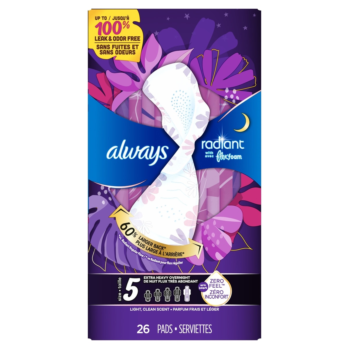 Radiant FlexFoam Pads for Women Size 5 Extra Heavy Overnight Absorbency with Wings, 26 Count