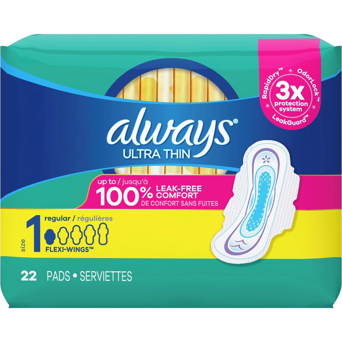 Serviettes de jour Always Ultra Thin, Régulières avec ailes, taille 1, non parfumées, 22 serviettes