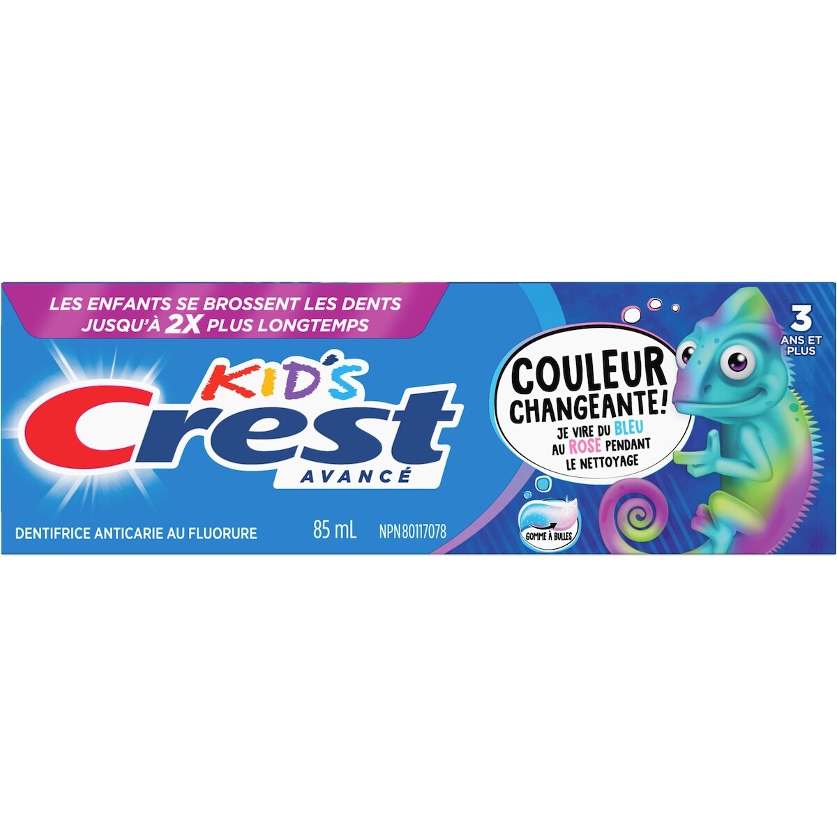Dentifrice au fluorure avancé Crest pour enfants, saveur de gomme à bulles