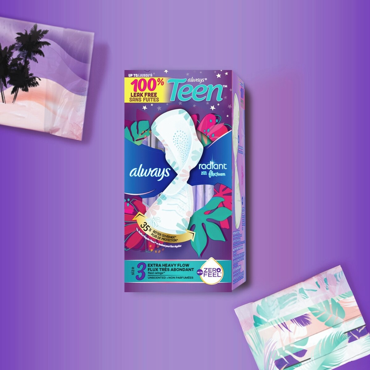 Serviettes Always Radiant, degré d’absorption très abondant, protection jusqu’à 100 % contre les fuites, avec ailes, avec FlexFoam, pour adolescentes, non parfumées