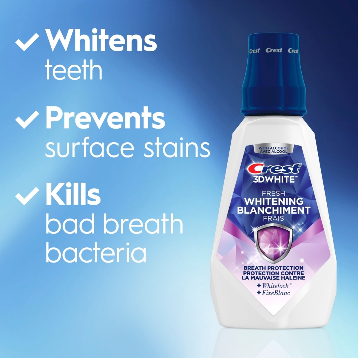 3D White Fresh Whitening Mouthwash/Mouth Rinse, Prevents Surface Stains, Kills Millions of Bad Breath Germs, Alcohol-Free