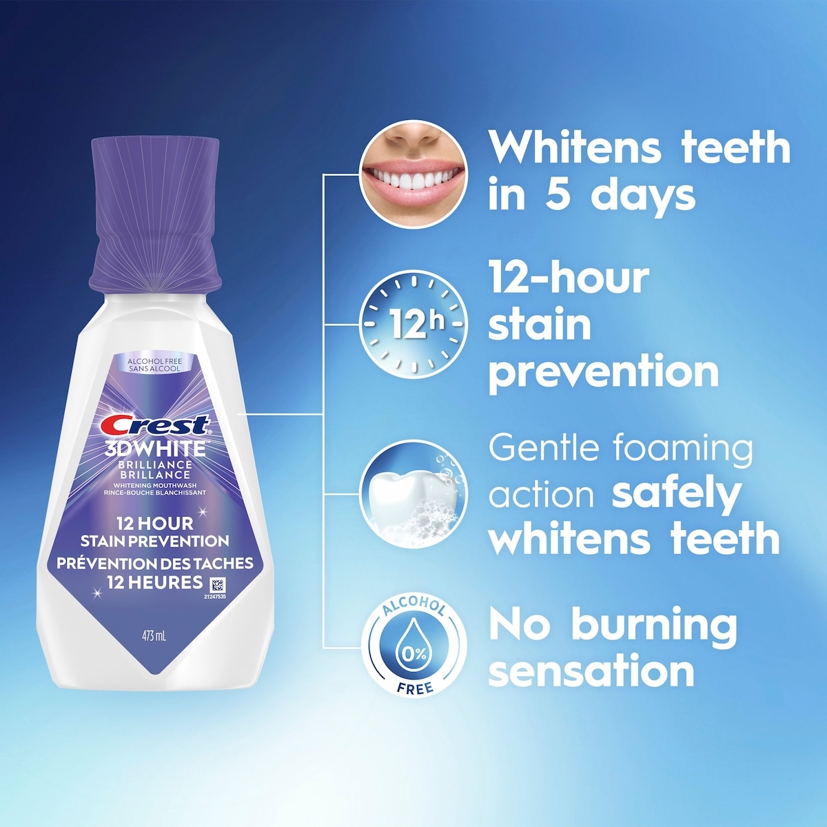 3D White Brilliance Stain Prevention Mouthwash / Rinse- 12-Hour Stain Prevention, Alcohol Free