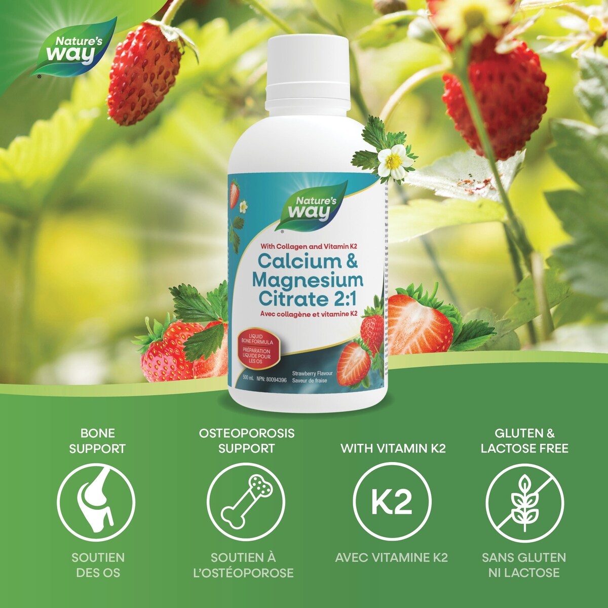 Calcium et magnésium Citrate 2:1 avec vitamine K2 et collagène, Fraise