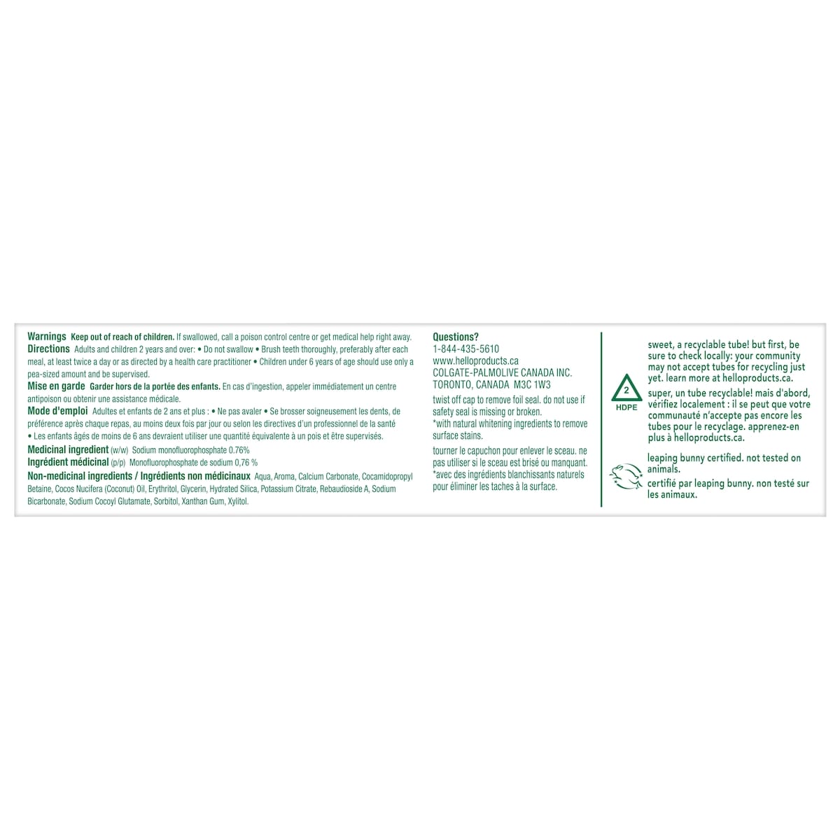 Dentifrice au fluorure naturellement blanchissant Hello - 98 mL