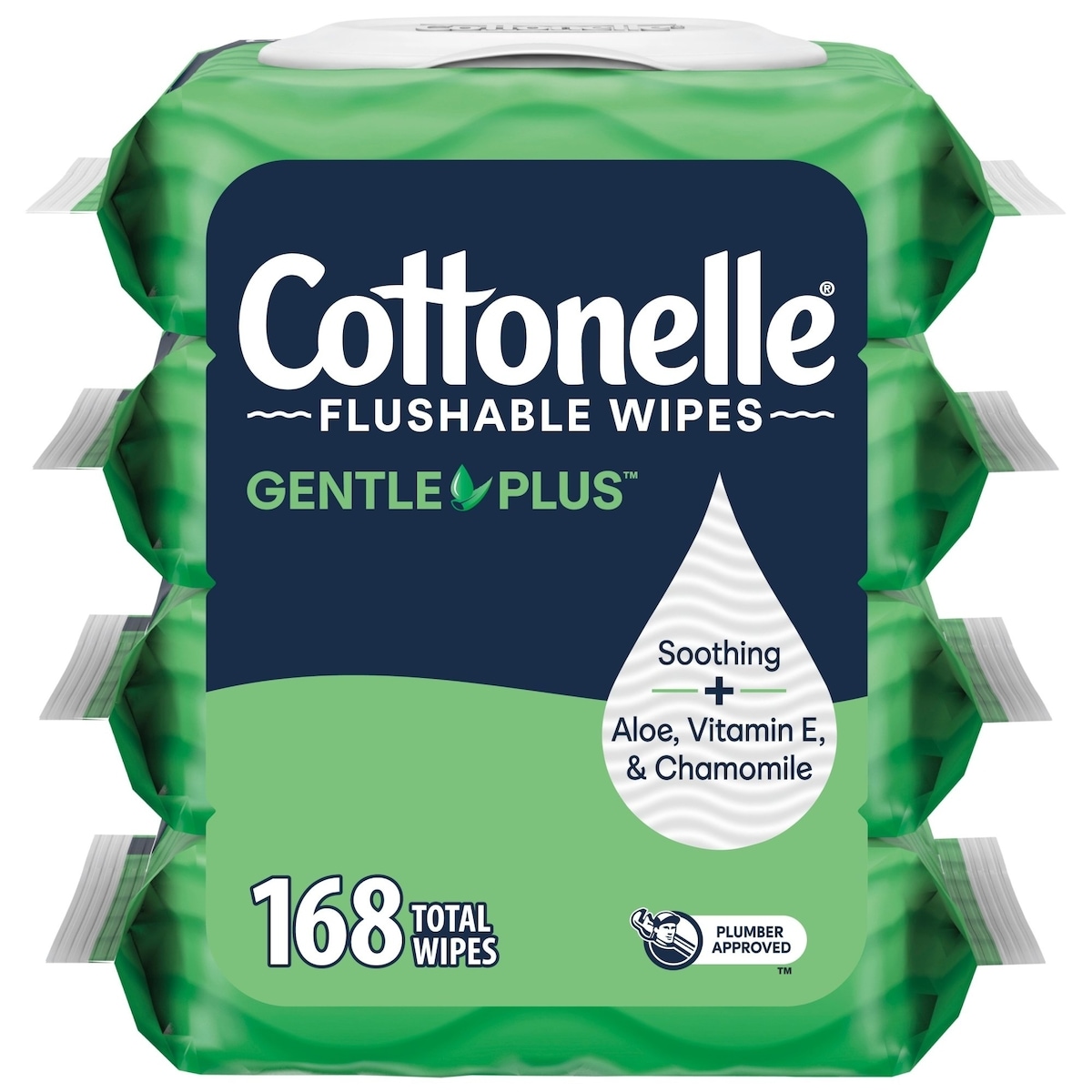 Lingettes humides jetables dans les toilettes  GentlePlus avec aloès et vitamine E, lingettes humides pour adultes, 4 paquets à couvercle rabattable, 42 lingettes par paquet (168 lingettes au total)