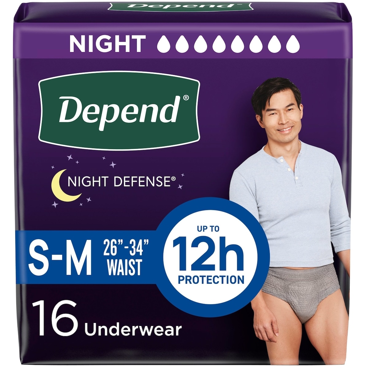 Sous-vêtements d’incontinence Depend Night Defense pour hommes, nuit, taille P/M, emballage de 16