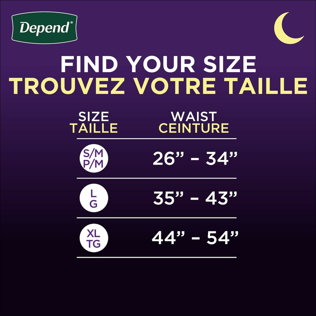 Sous-vêtements d’incontinence Depend Night Defense pour hommes, nuit, taille TG, emballage de 12