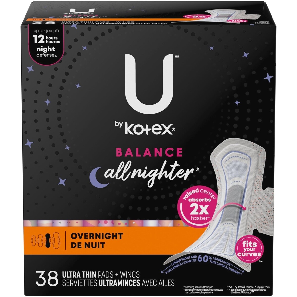 Serviettes ultraminces de nuit U by Kotex Balance avec ailes