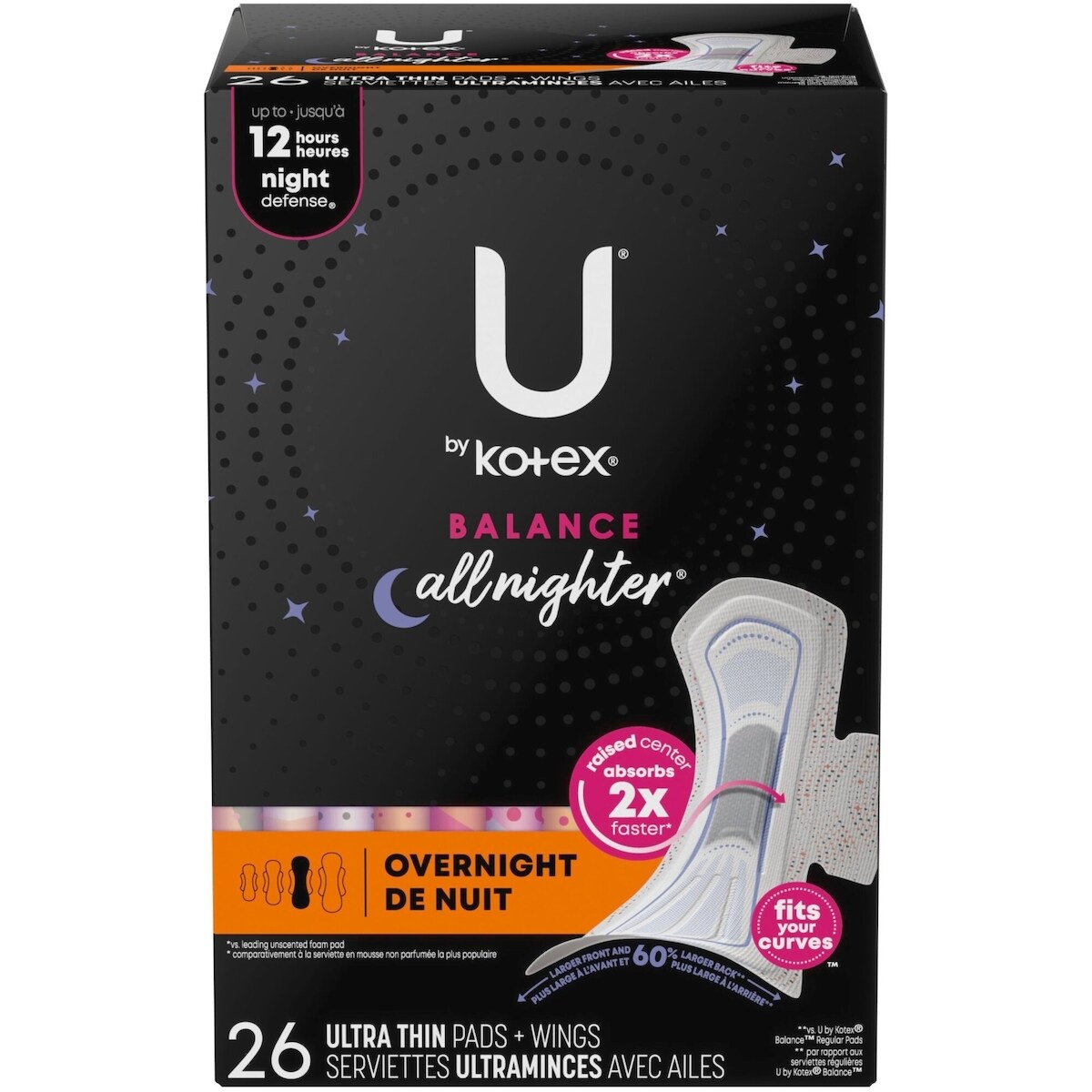 Serviettes ultraminces de nuit U by Kotex Balance avec ailes