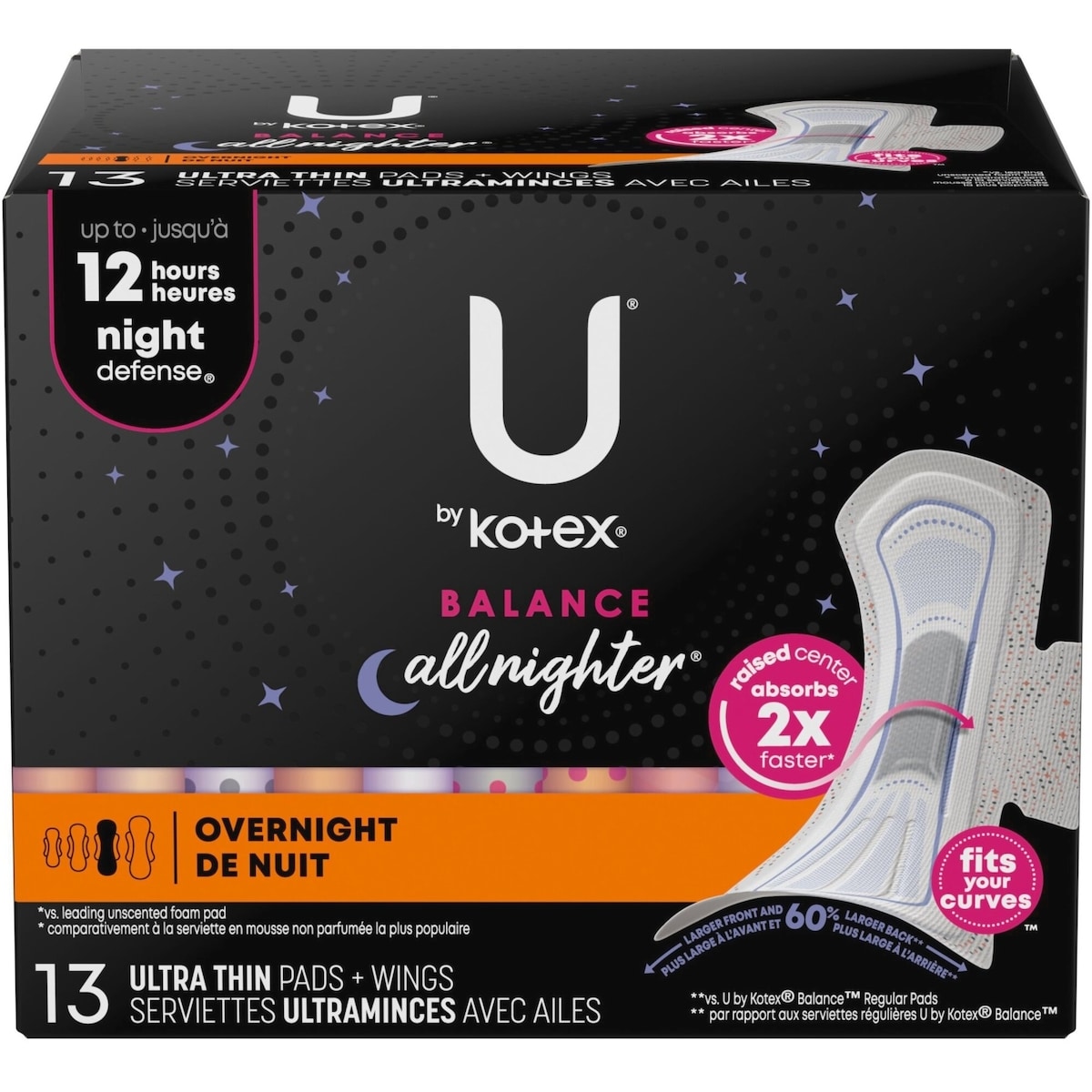 Serviettes ultraminces de nuit U by Kotex Balance avec ailes