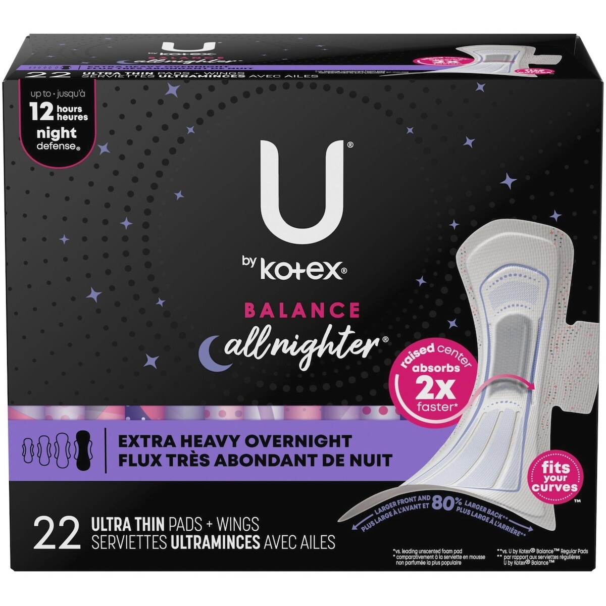 Serviettes ultraminces de nuit U by Kotex Balance avec ailes, absorption très élevée