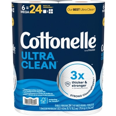 Papier hygiénique Ultra Clean, papier hygiénique robuste, 6 méga rouleaux (6 méga rouleaux = 24 rouleaux ordinaires), 284 feuilles par rouleau